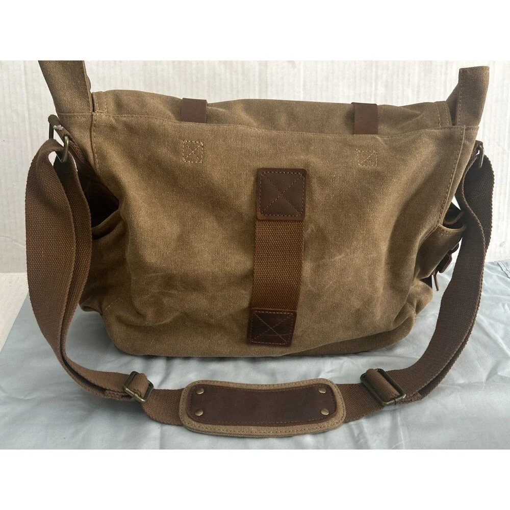 Kattee Leather Canvas Camera Bag Messenger Shoulder Bag Khaki